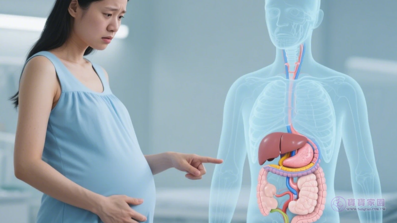 亞洲孕婦指著右下腹