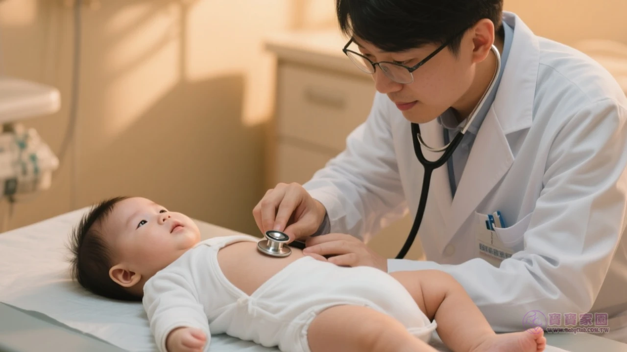 醫生檢查嬰兒腹部