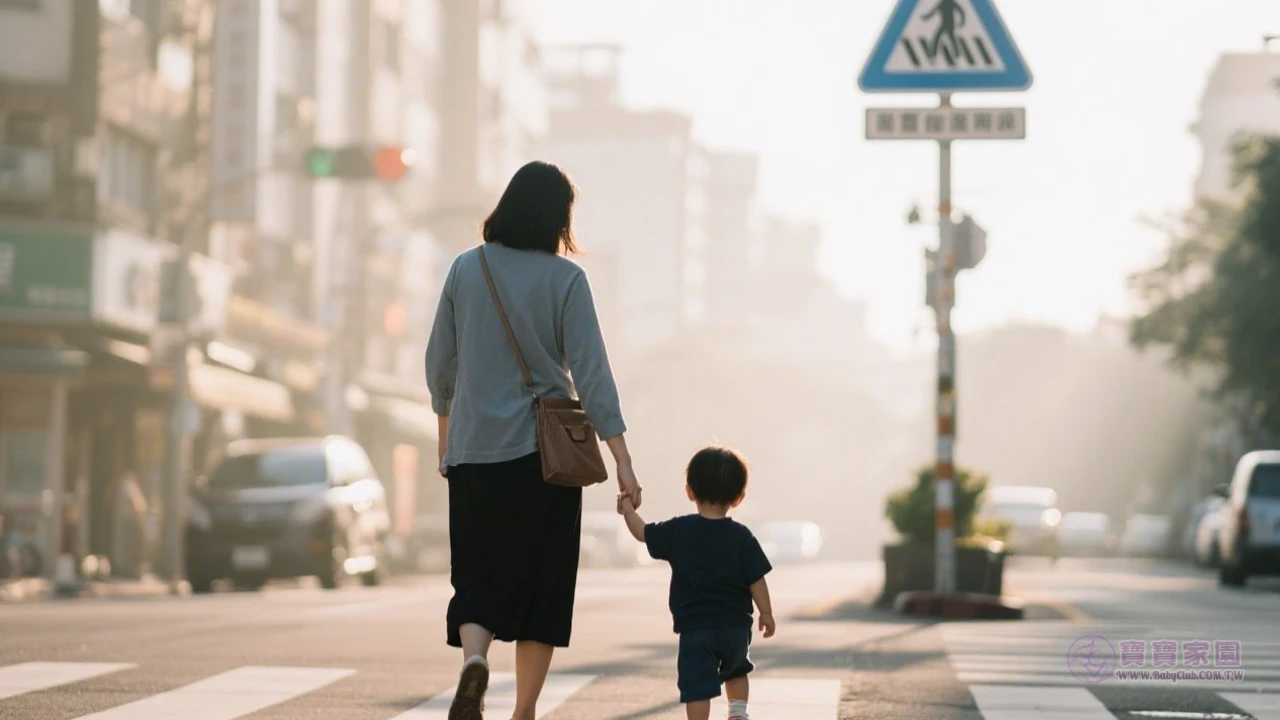 牽手過馬路的親子背影