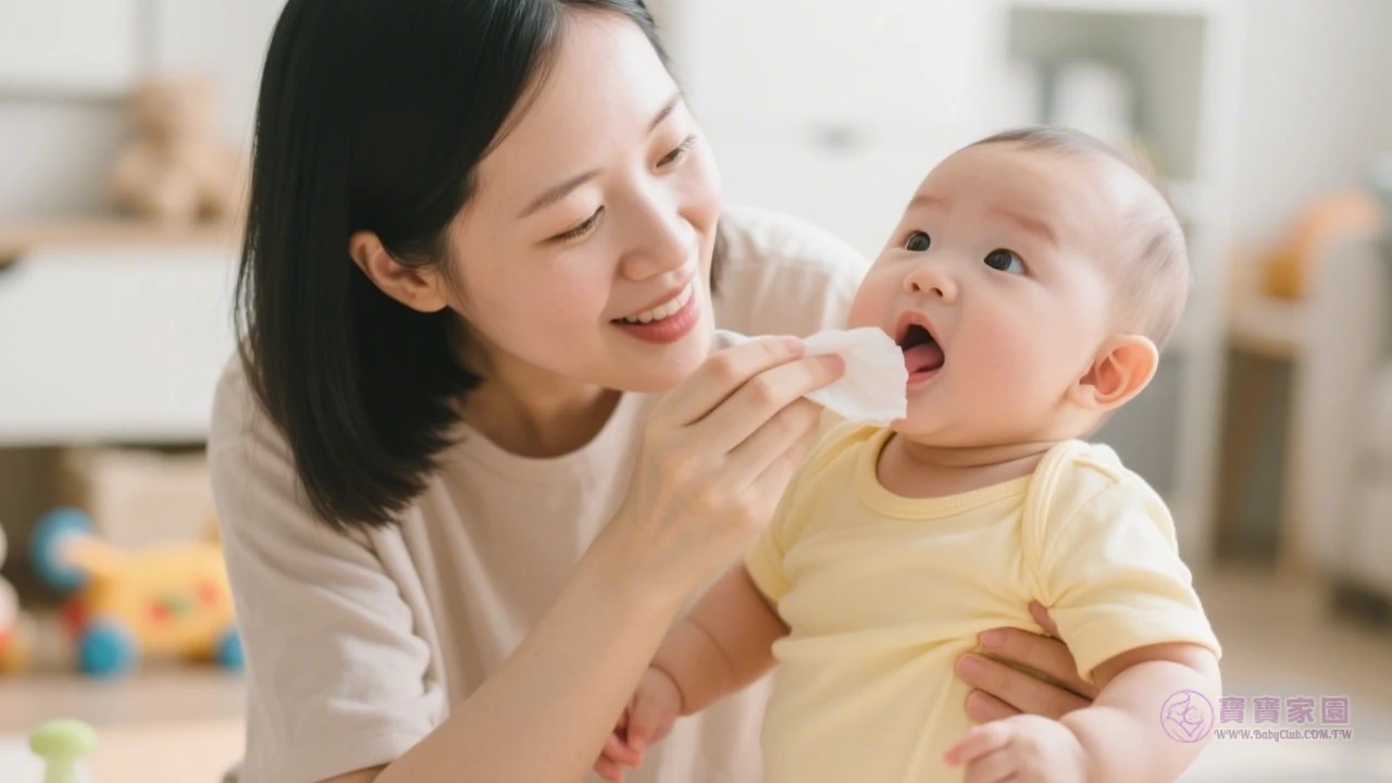 媽媽幫寶寶擦嘴照顧