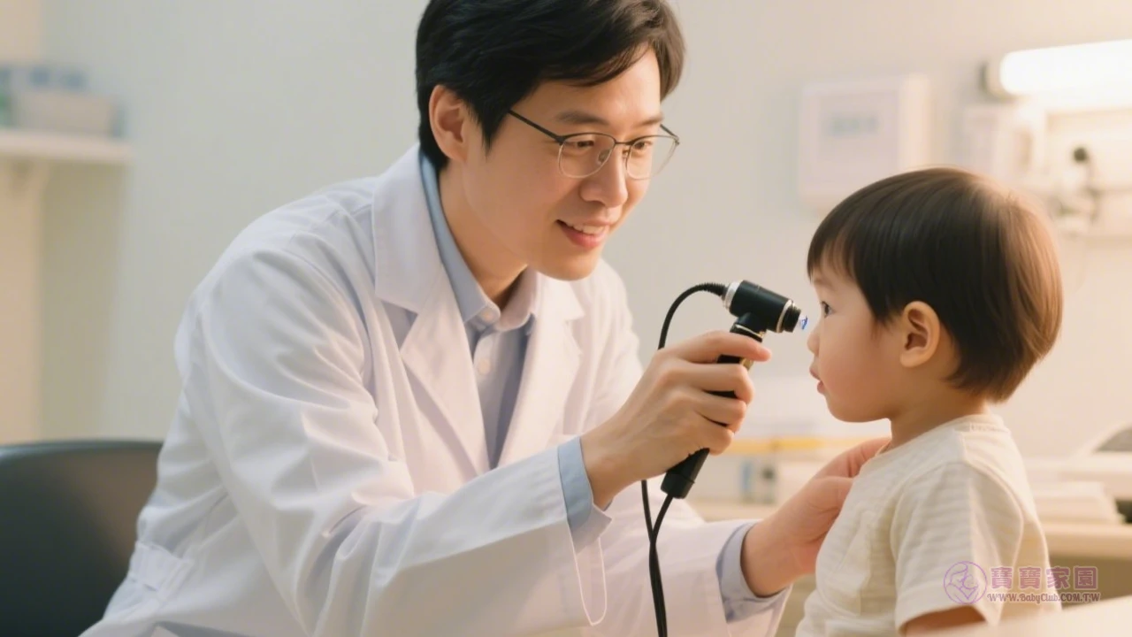 醫師用耳鏡檢查嬰兒耳朵