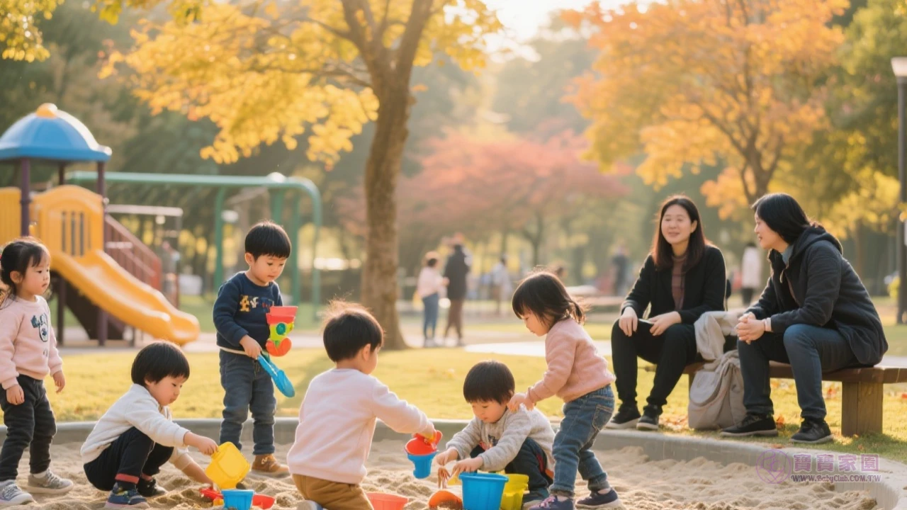 父母帶孩子在公園玩沙