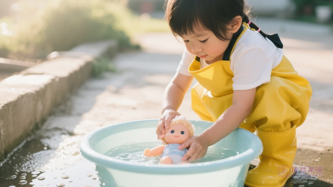 寶寶幫玩偶洗澡的溫馨畫面