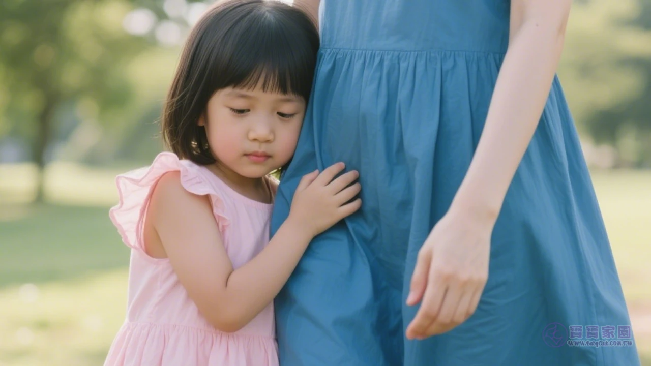害羞小女孩躲在媽媽身後