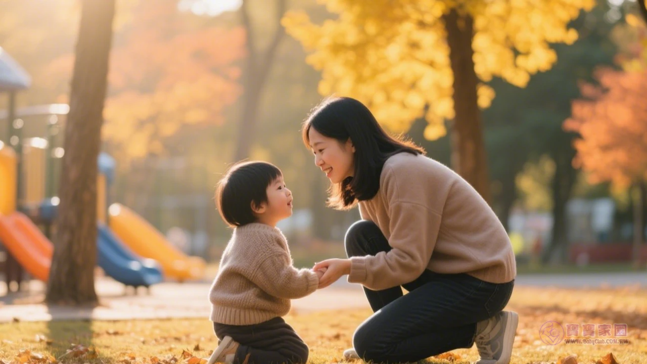 媽媽蹲下與孩子對話