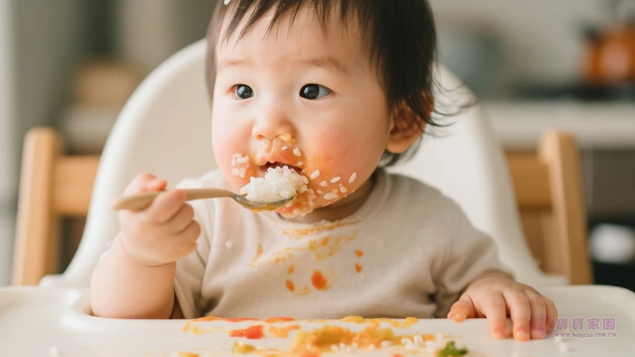 寶寶自主吃飯滿臉飯粒