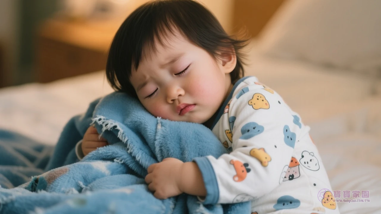 寶寶擁抱破舊毛毯