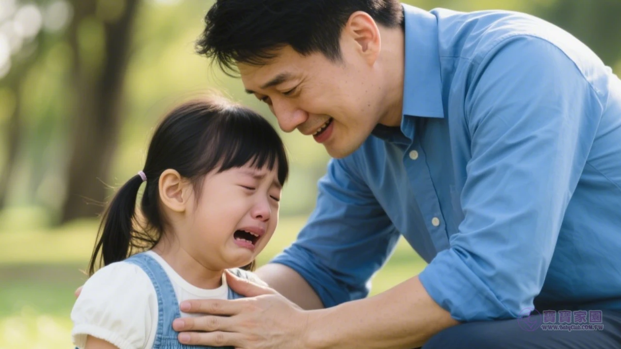 父親蹲下安撫哭泣女兒