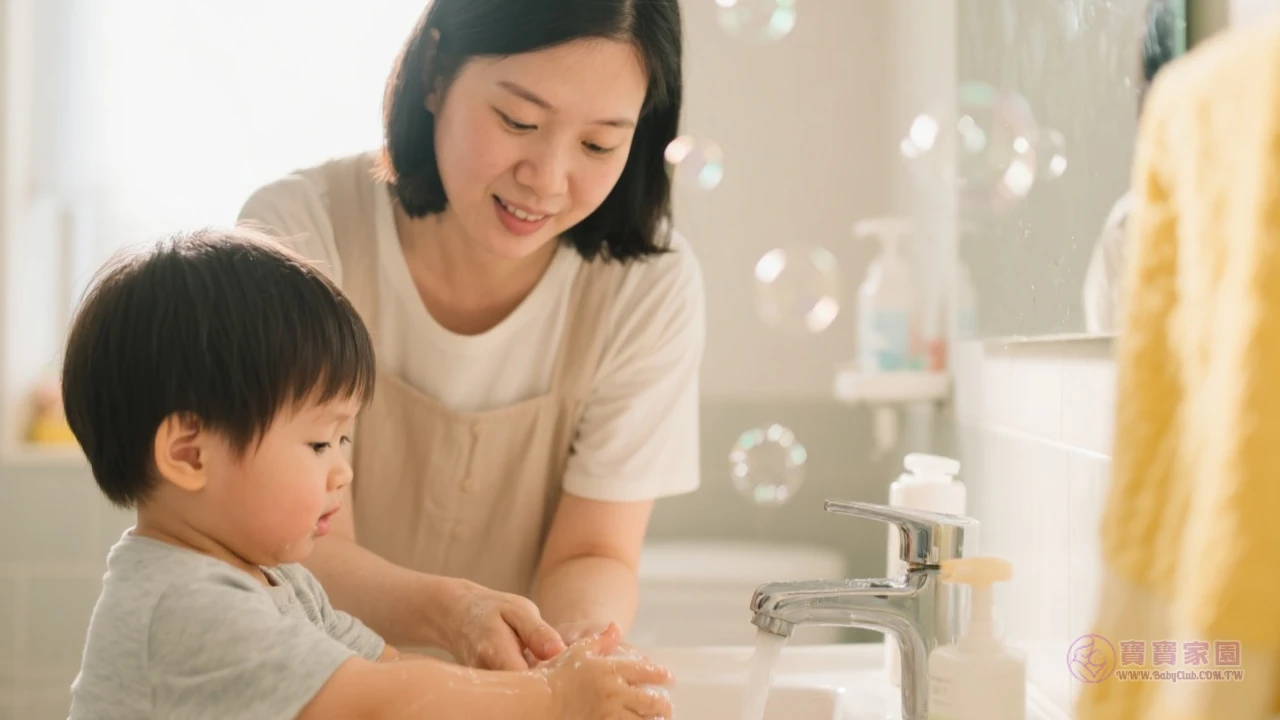 親子洗手場景